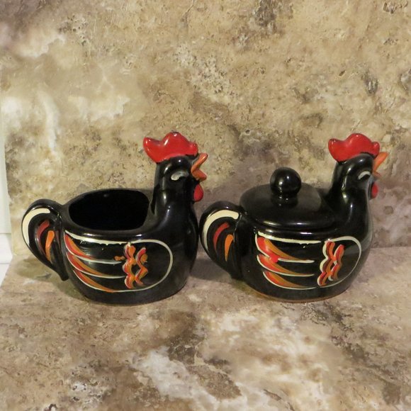 Vintage Creamer And Sugar Rooster Design Black With Red Japan - Picture 2 of 8